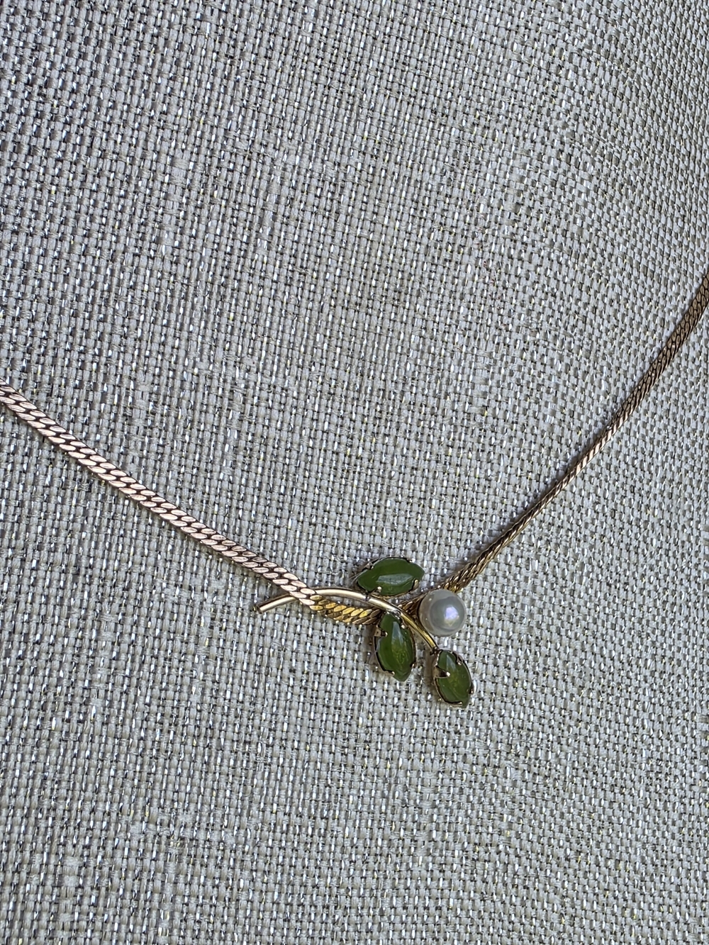 Vintage Carl-Art 14K Gold Filled Integrated Green Jade Marquise & Pearl Leaf Spr - Picture 6 of 11